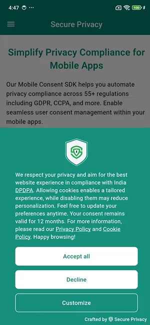 Flutter app consent banner.