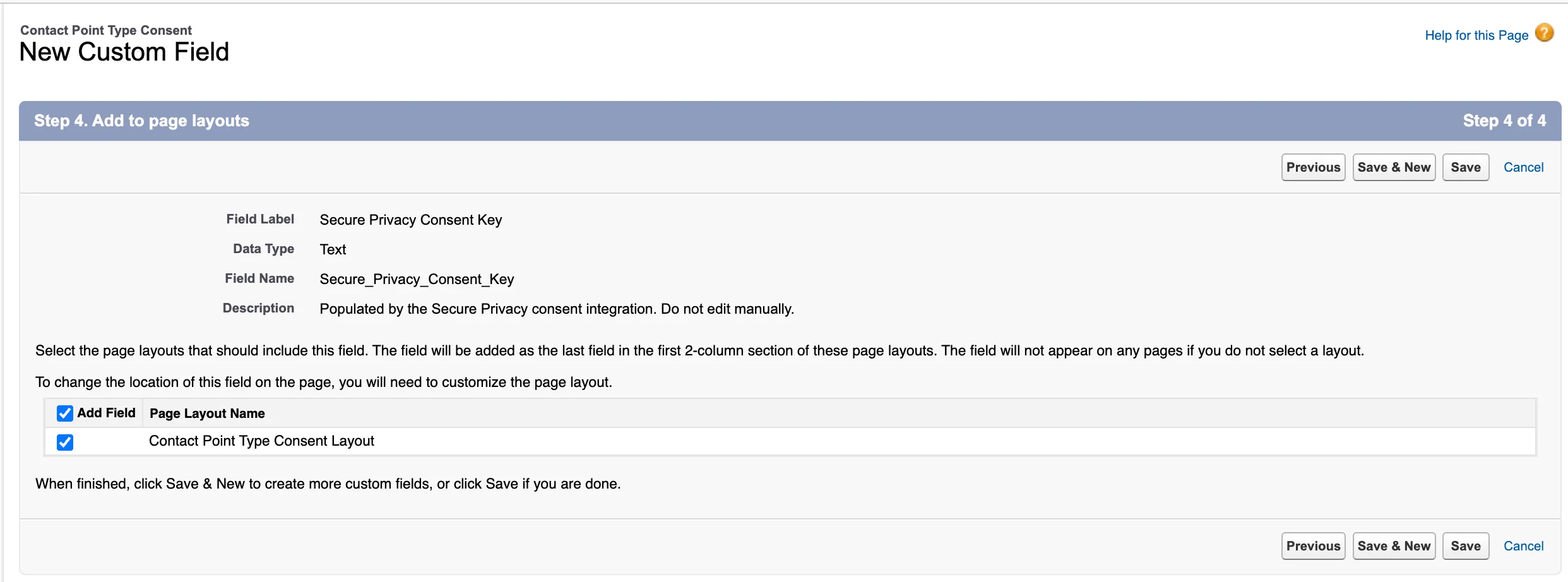 Step 4 of the custom field wizard, adding Secure Privacy Consent Key to the Contact Point Type Consent page layout