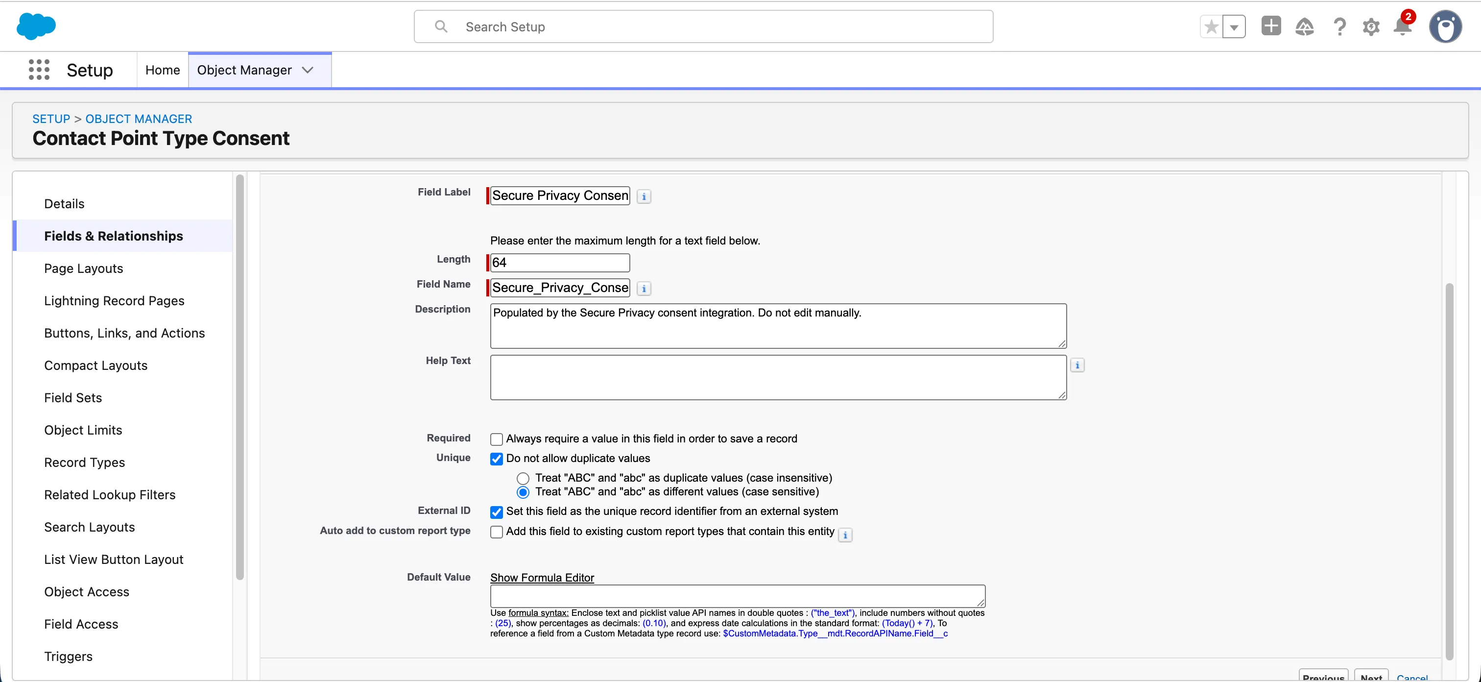 The Salesforce custom field wizard creating Secure Privacy Consent Key as Text length 64, marked External ID and Unique case-sensitive