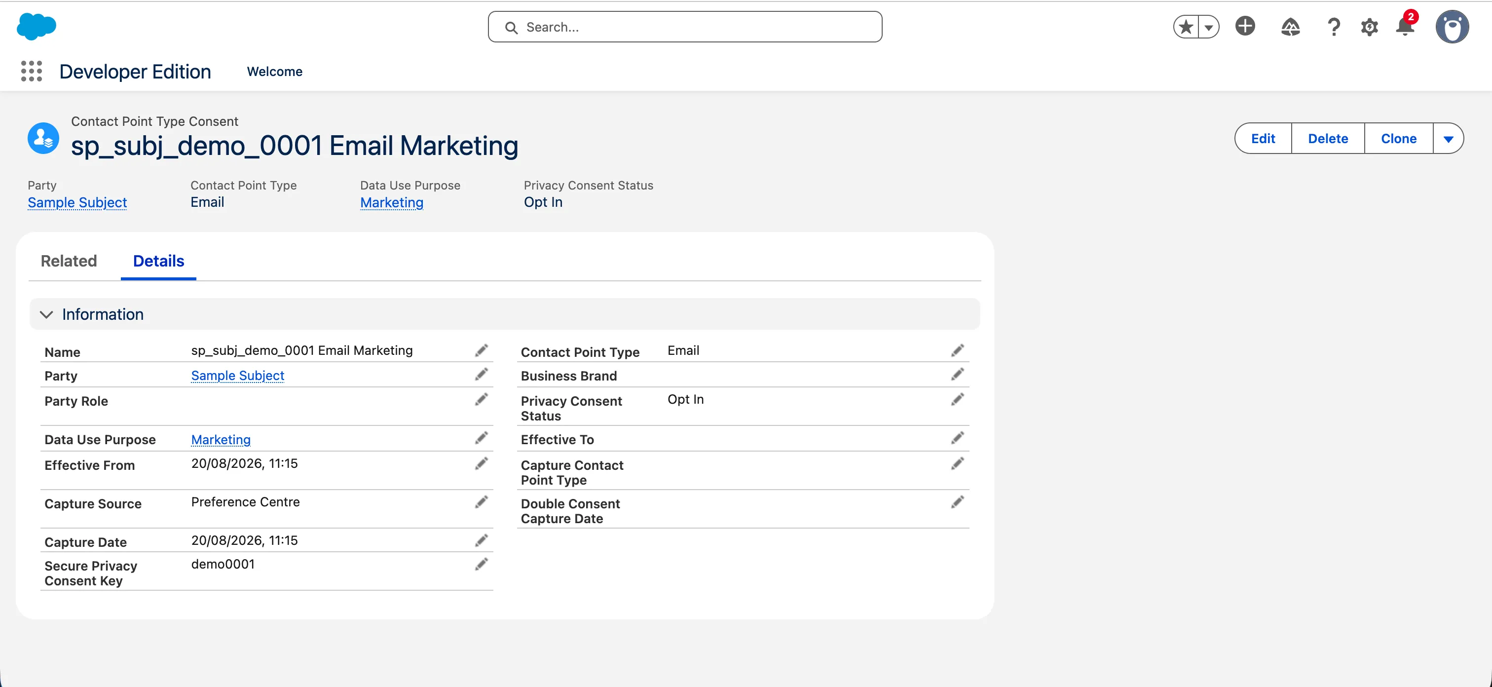 A ContactPointTypeConsent record in Salesforce, with Capture Date and Effective From showing the original decision time