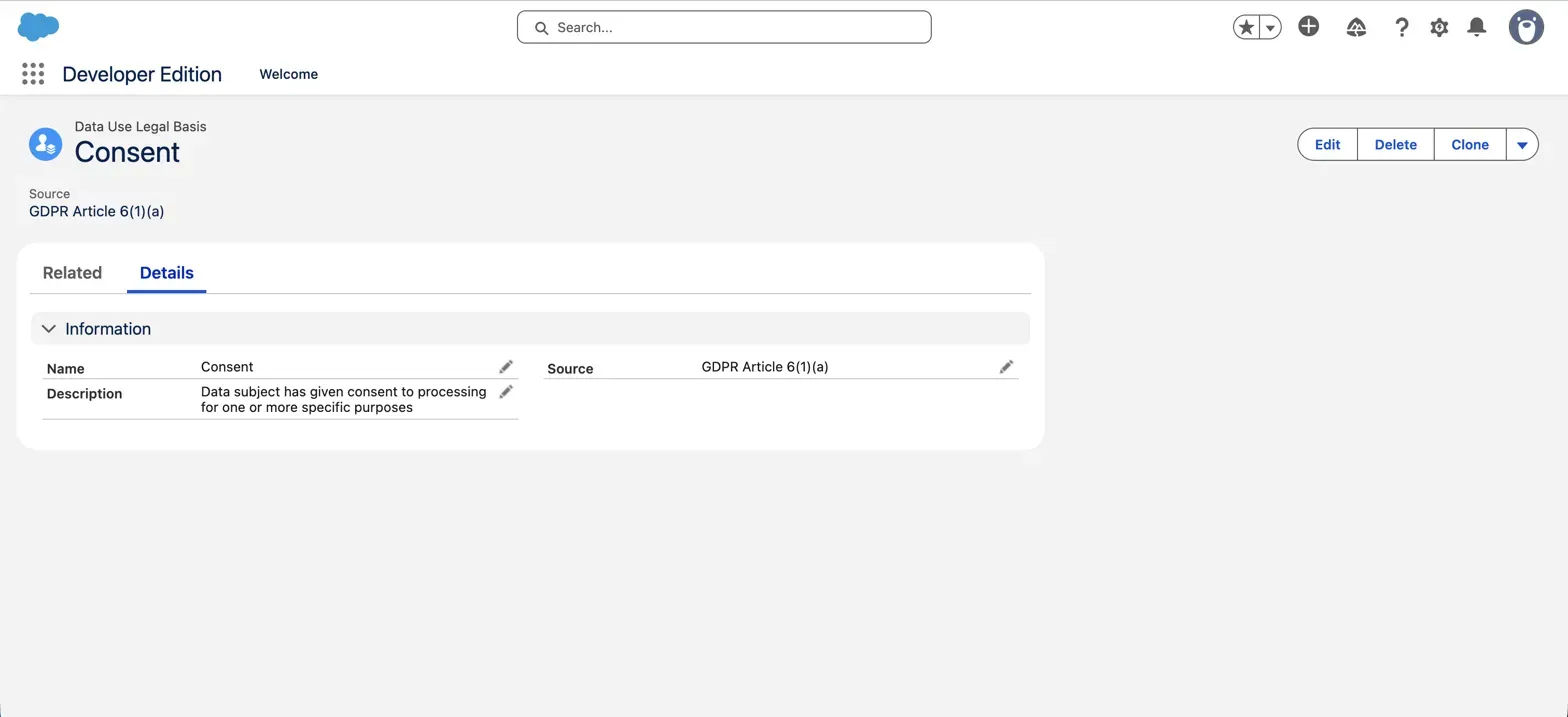 The Consent Data Use Legal Basis record in Salesforce, with GDPR Article 6(1)(a) recorded in the Source field