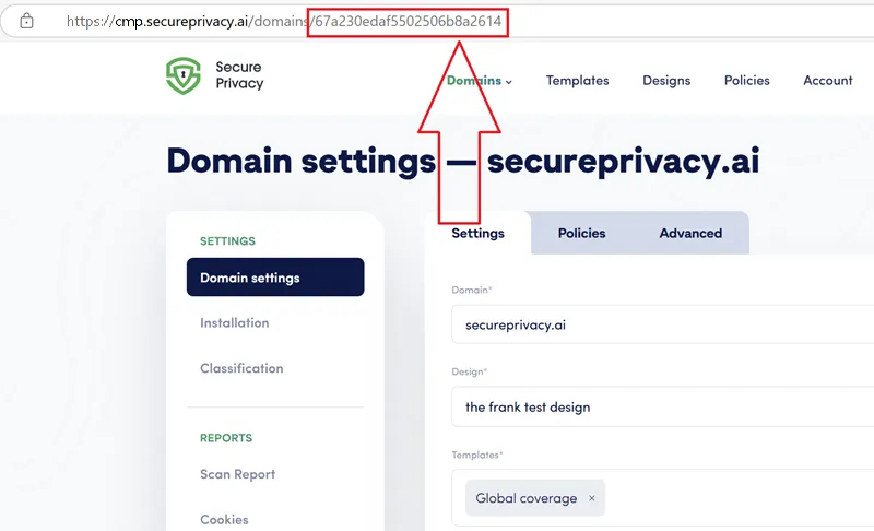 Domain ID consent in the Secure Privacy Platform.