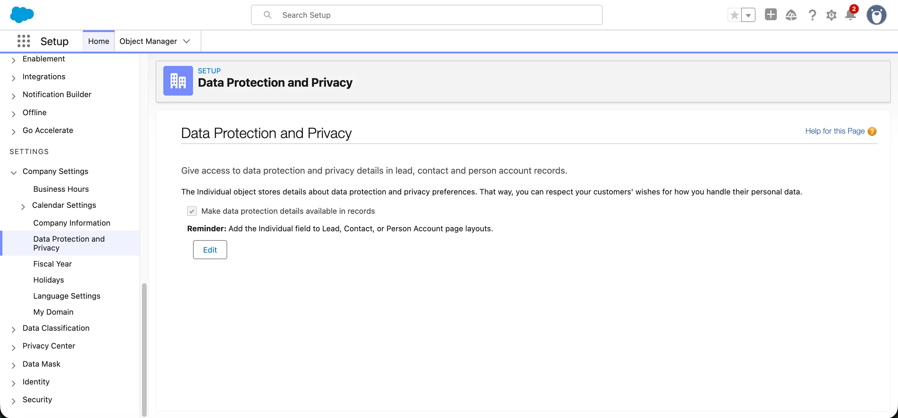 Salesforce Setup, Data Protection and Privacy page, with “Make data protection details available in records” enabled