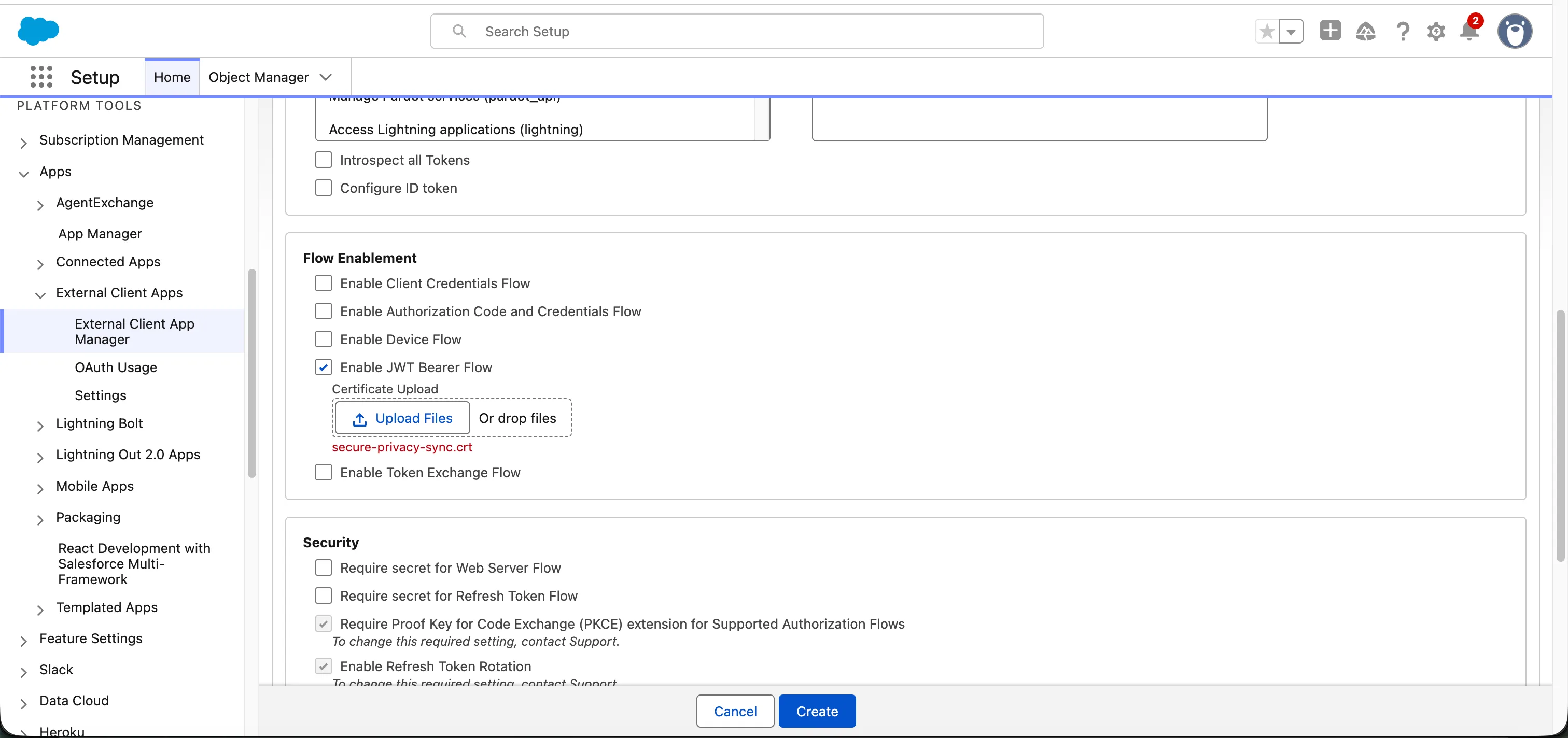 The Flow Enablement section of the External Client App form, with Enable JWT Bearer Flow ticked and the certificate upload revealed