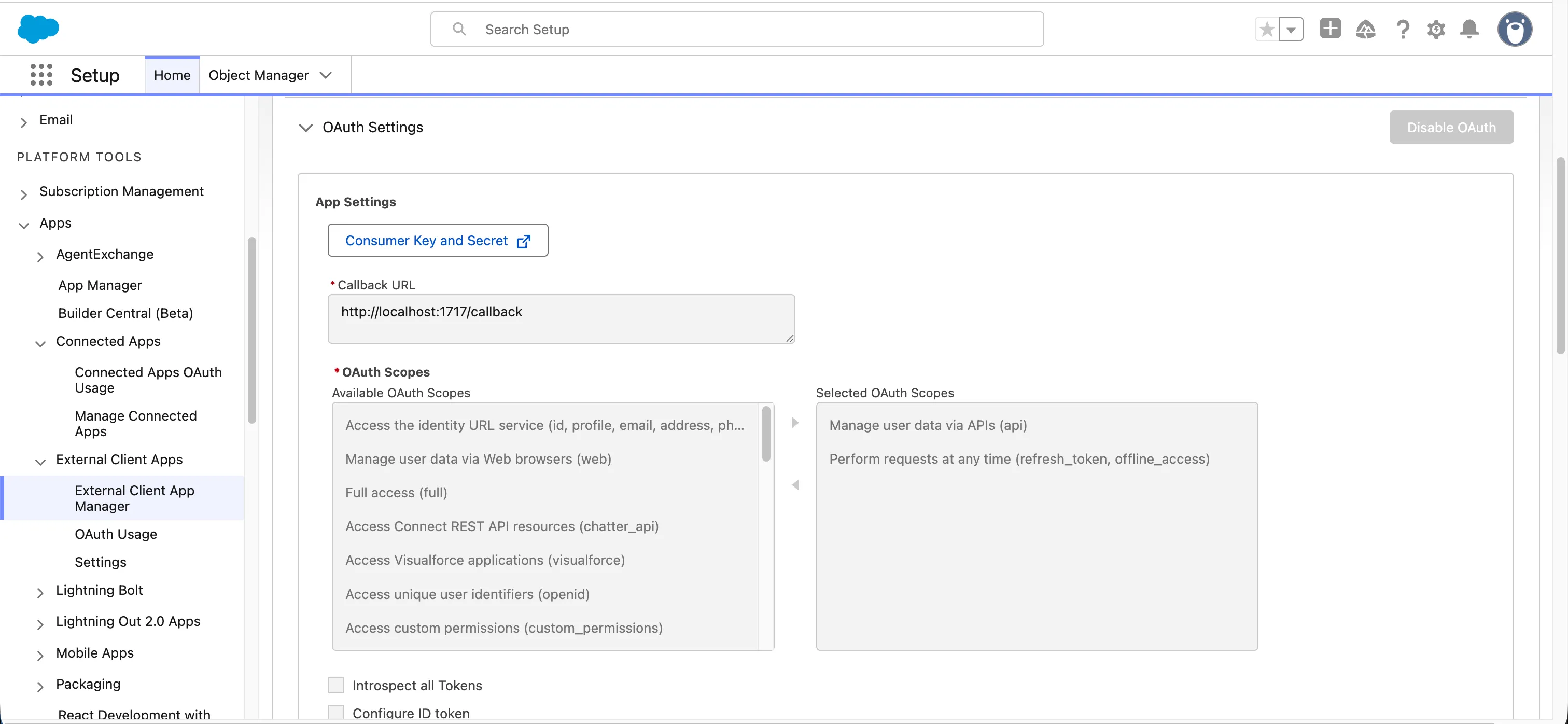 The External Client App OAuth settings, with a callback URL set and the api and refresh_token offline_access scopes selected