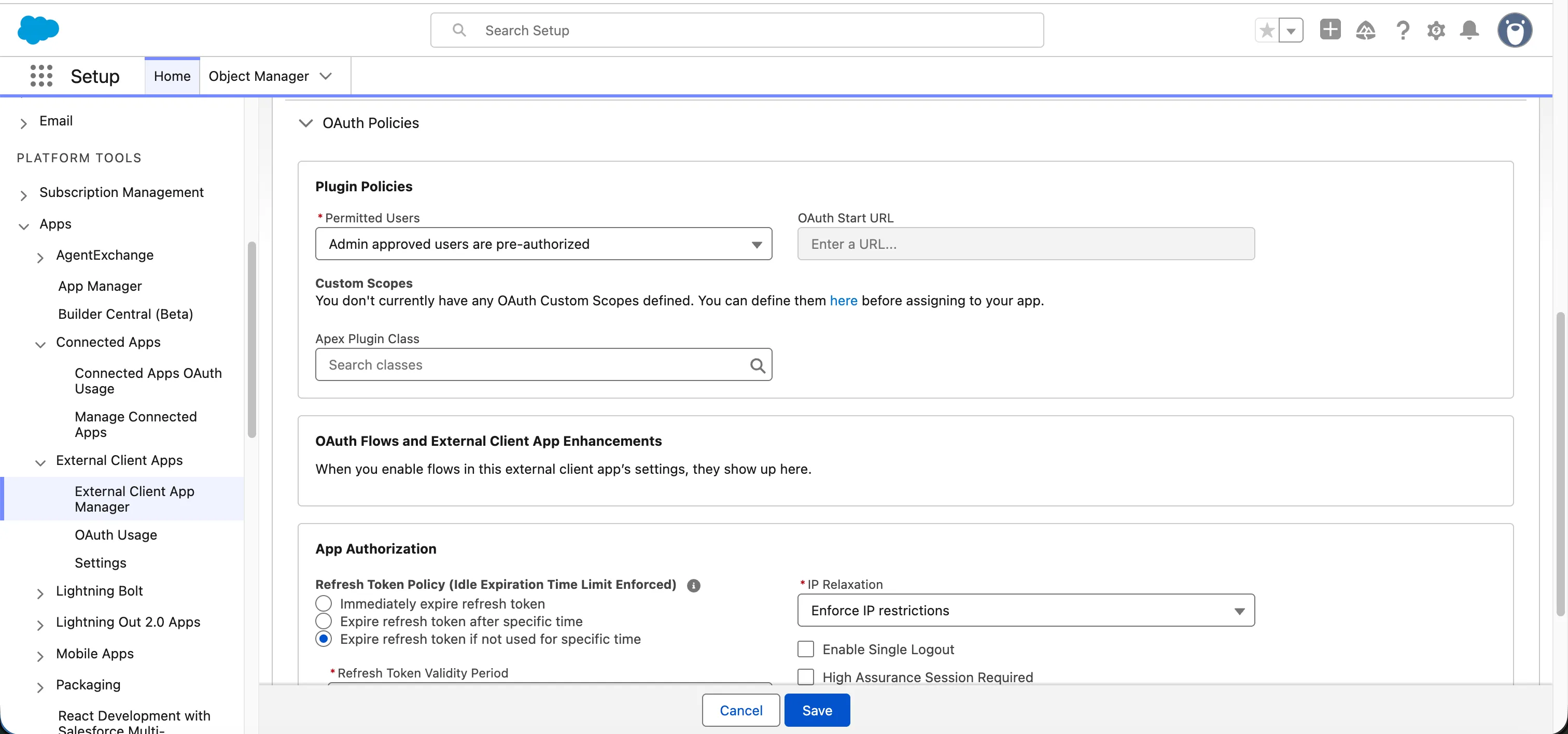 The External Client App OAuth Policies, with Permitted Users set to “Admin approved users are pre-authorized”