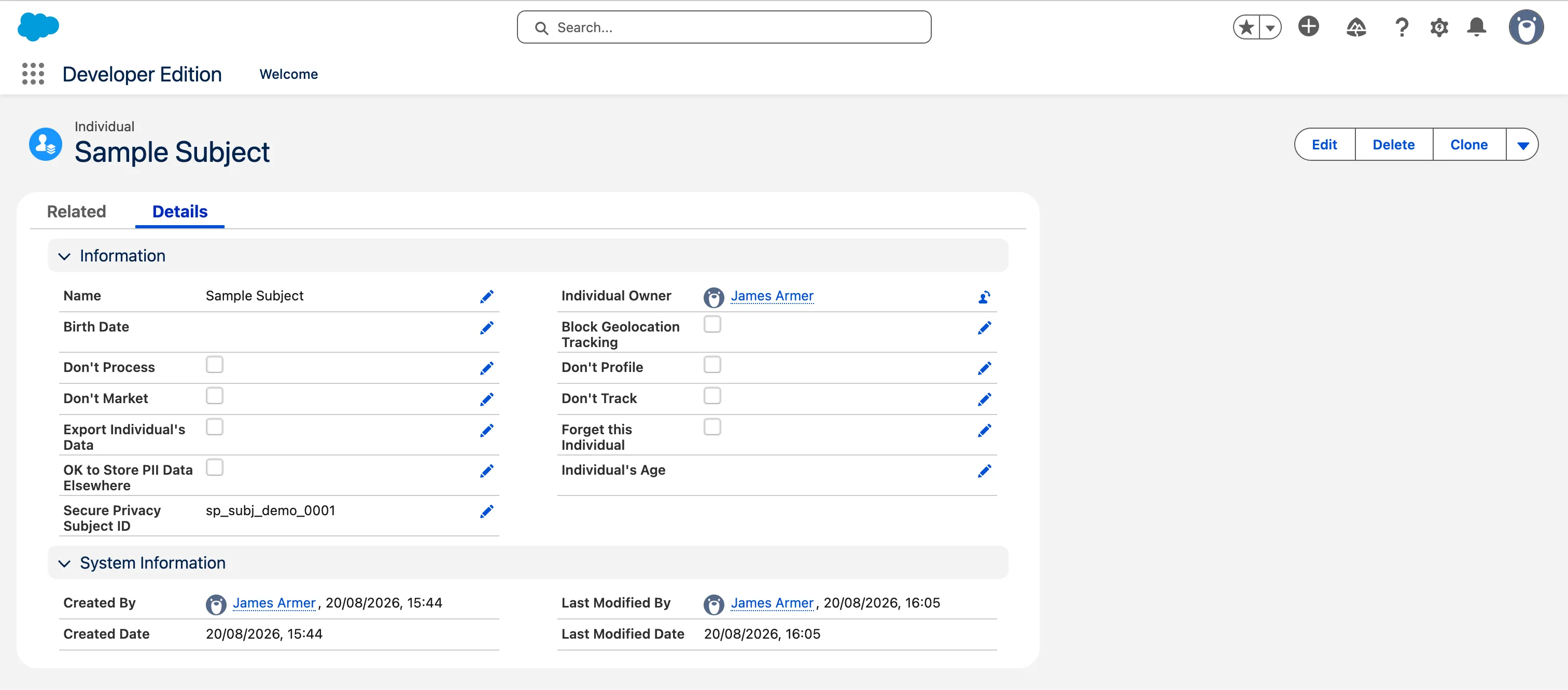 A Salesforce Individual record showing the Secure Privacy Subject ID field populated with a ClientId