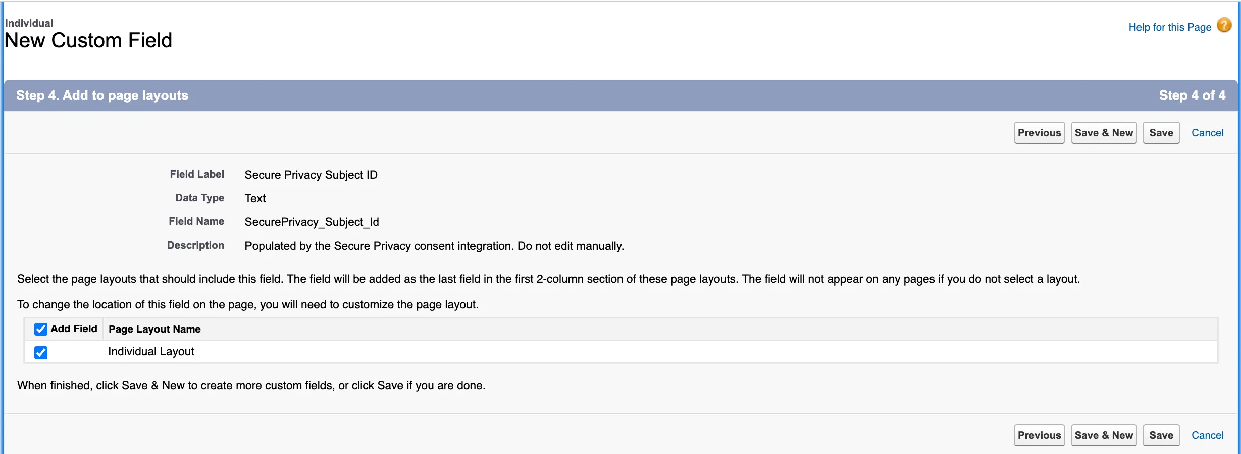 Step 4 of the custom field wizard, adding Secure Privacy Subject ID to the Individual page layout