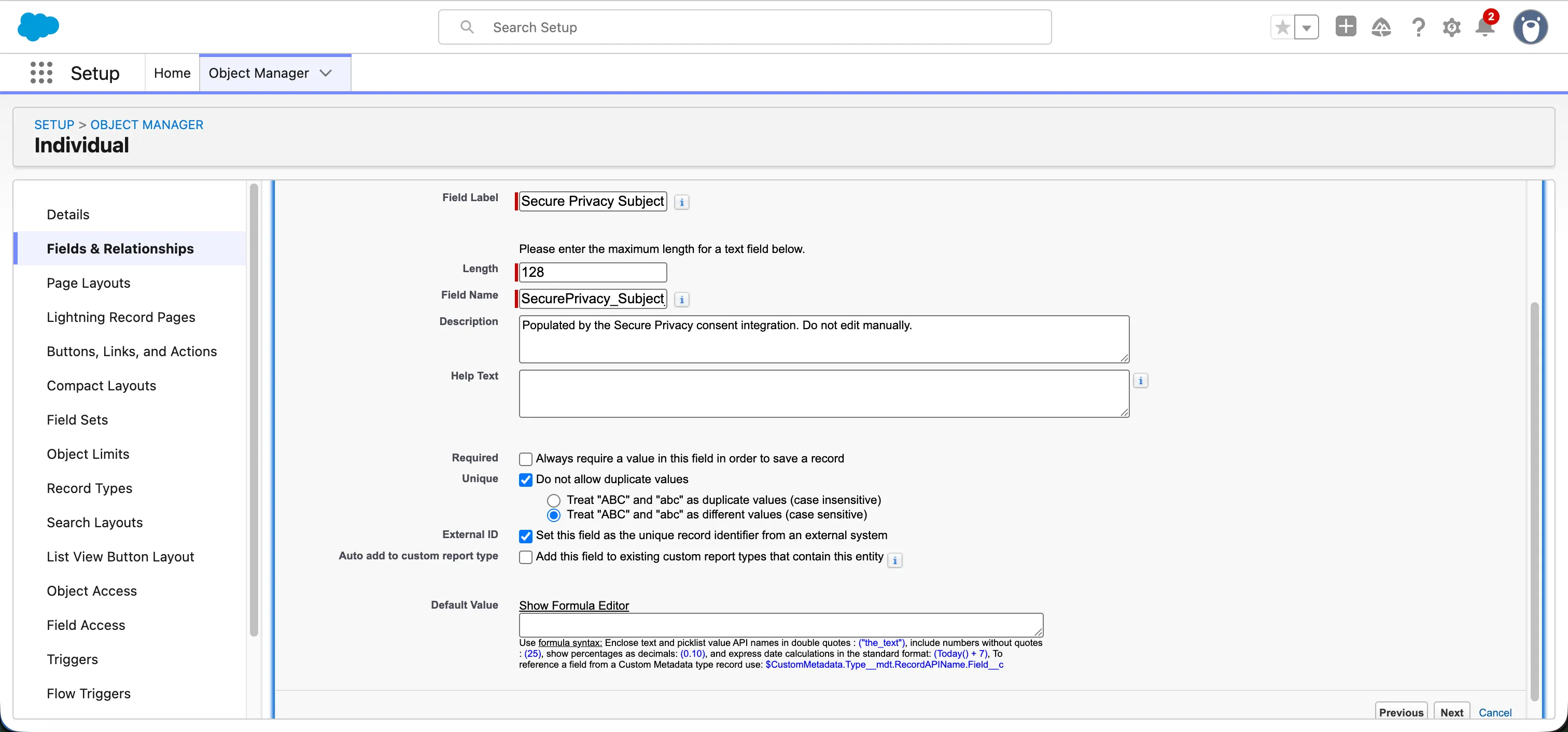 The Salesforce custom field wizard creating Secure Privacy Subject ID as Text length 128, marked External ID and Unique case-sensitive