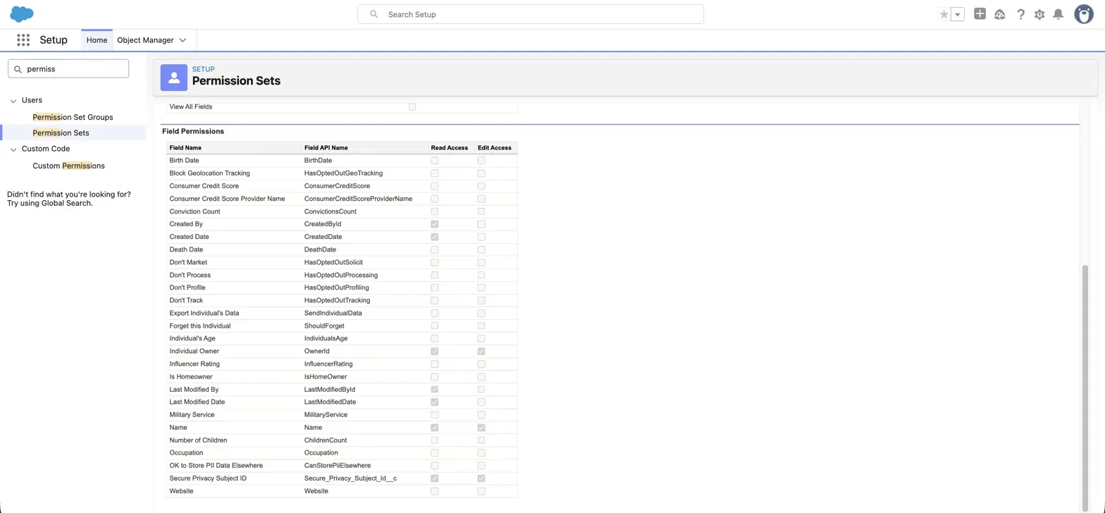 Permission set Field Permissions for the Individual object, with Read and Edit ticked for Secure Privacy Subject ID only