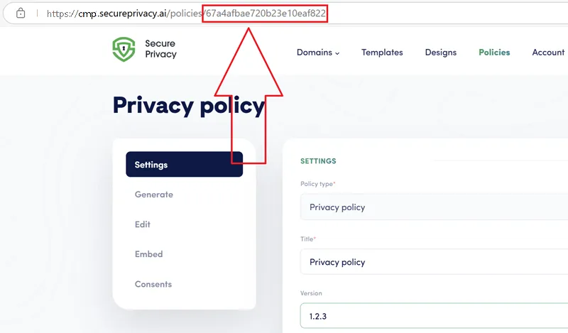 Policy ID consent in the Secure Privacy Platform.